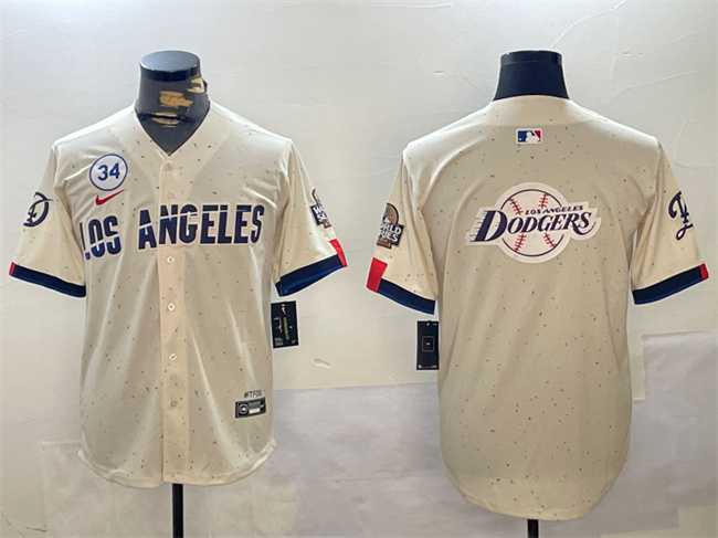 Men%27s Los Angeles Dodgers Team Big Logo Cream 2024 World Series With No. 34 Patch Limited Stitched Baseball Jersey->2023 world baseball classic->MLB Jersey